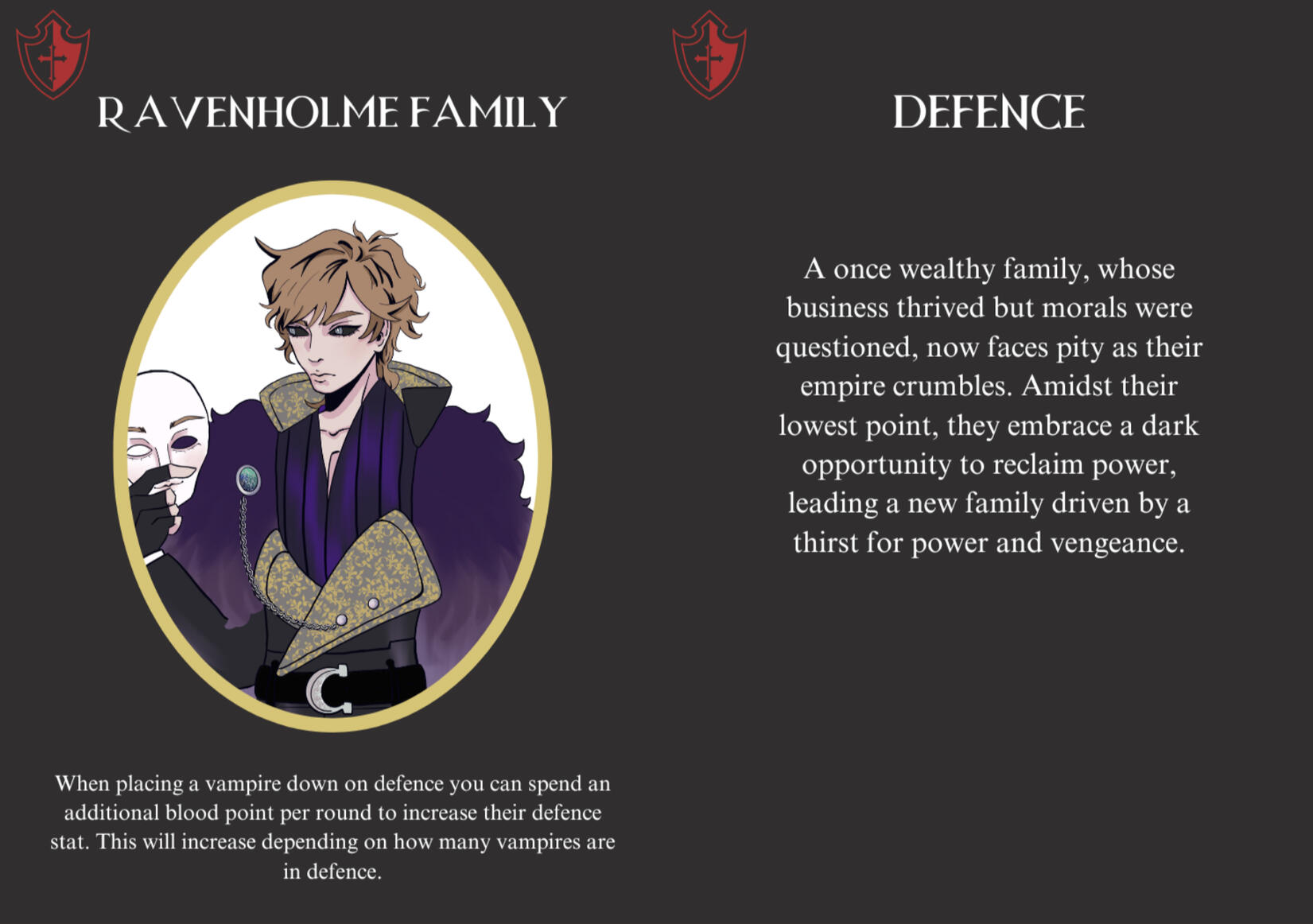 For players desiring to embody a high-status DEFENSIVE vampire character, cunningly concealing their true identity.